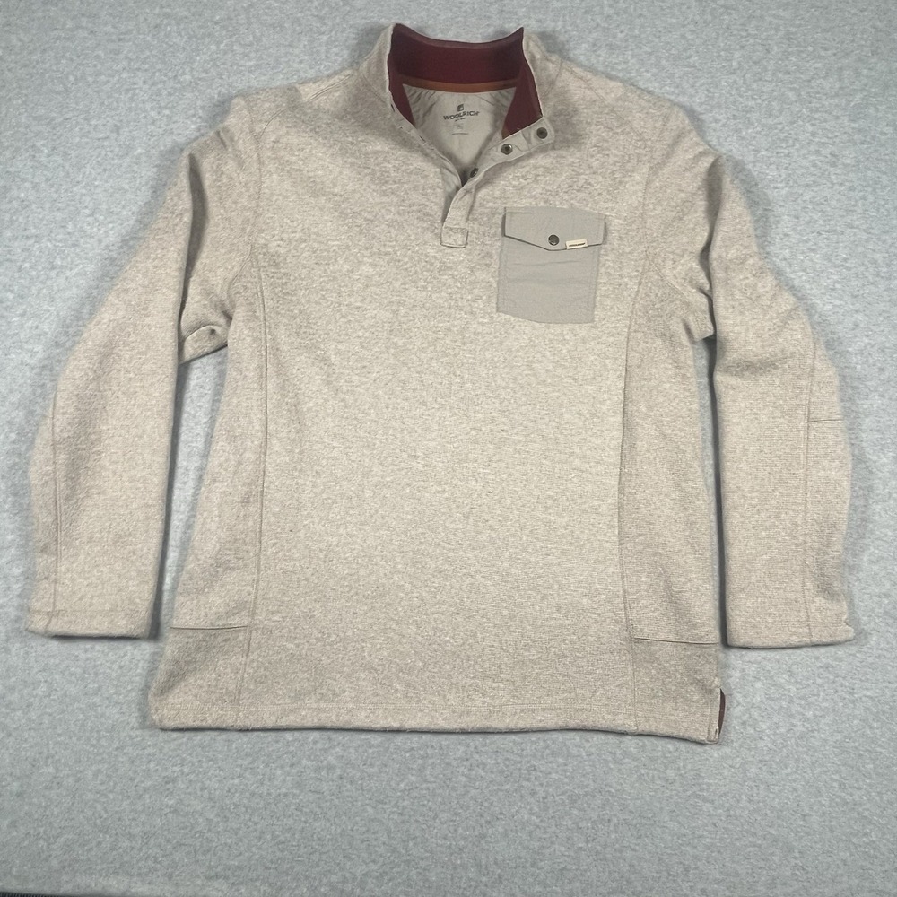 Woolrich 1/4 Snap Button Pullover Sweater Men's XL Fleece Beige Long Sleeve READ - Picture 2 of 11